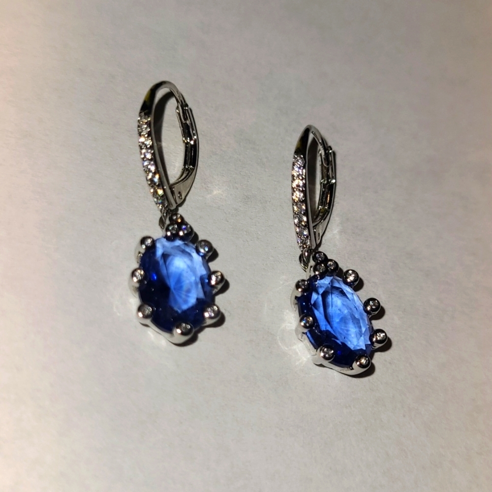 NWOT Lab Created Blue Sapphire Rhodium Plating Drop Stone Clasp Earrings